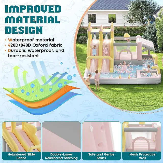 Alt view image 4 of 7 - Inflatable Bounce House, Water Slide with Jumping Area, Climbing Wall, Splash Pool and Water Gun, Indoor Outdoor Jumper for Big Children, Air Blower Included, Pastel Color, 184x173x94 Inch