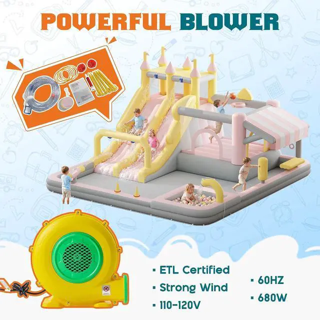 Alt view image 7 of 7 - Inflatable Bounce House, Water Slide with Jumping Area, Climbing Wall, Splash Pool and Water Gun, Indoor Outdoor Jumper for Big Children, Air Blower Included, Pastel Color, 184x173x94 Inch