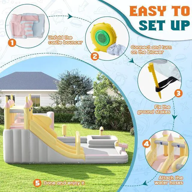 Alt view image 6 of 7 - Inflatable Bounce House, Water Slide with Jumping Area, Climbing Wall, Splash Pool and Water Gun, Indoor Outdoor Jumper for Big Children, Air Blower Included, Pastel Color, 184x173x94 Inch