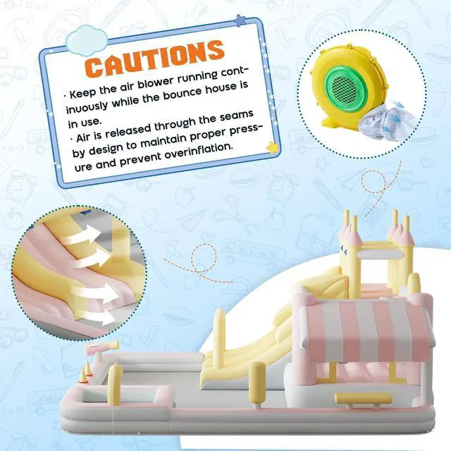 Alt view image 5 of 7 - Inflatable Bounce House, Water Slide with Jumping Area, Climbing Wall, Splash Pool and Water Gun, Indoor Outdoor Jumper for Big Children, Air Blower Included, Pastel Color, 184x173x94 Inch
