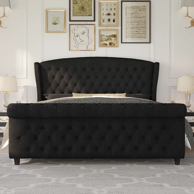 Alt view image 3 of 7 - California King Size Platform Bed Frame, Velvet Upholstered Sleigh Bed with Scroll Wingback Headboard & Footboard/Button Tufted/No Box Spring Required/Black