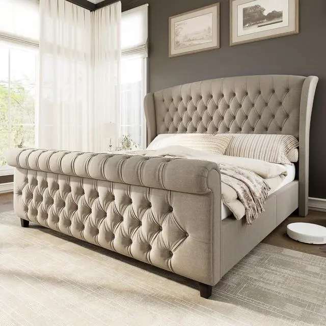 Main image of King Size Platform Bed Frame, Linen Upholstered Sleigh Bed with Scroll Wingback Headboard & Footboard/Button Tufted/No Box Spring Required/Khaki