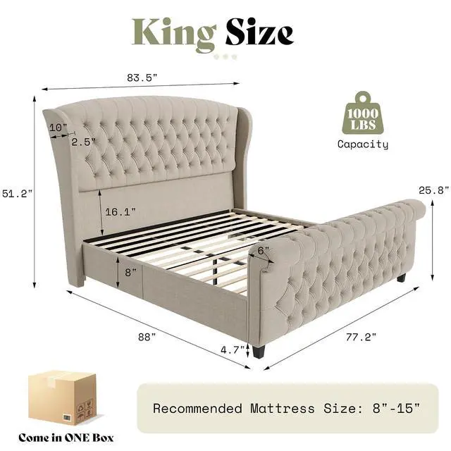 Alt view image 2 of 7 - King Size Platform Bed Frame, Linen Upholstered Sleigh Bed with Scroll Wingback Headboard & Footboard/Button Tufted/No Box Spring Required/Khaki