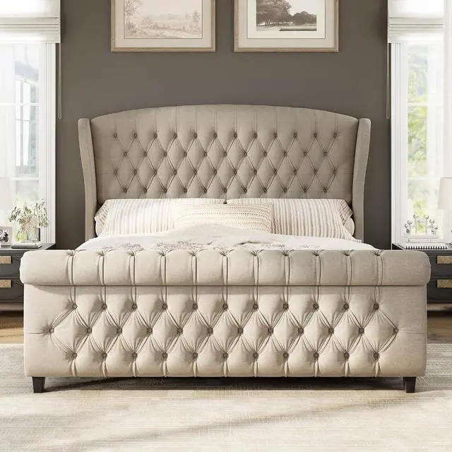 Alt view image 3 of 7 - King Size Platform Bed Frame, Linen Upholstered Sleigh Bed with Scroll Wingback Headboard & Footboard/Button Tufted/No Box Spring Required/Khaki