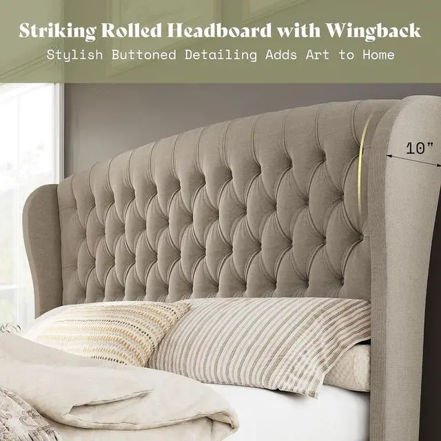 Alt view image 4 of 7 - King Size Platform Bed Frame, Linen Upholstered Sleigh Bed with Scroll Wingback Headboard & Footboard/Button Tufted/No Box Spring Required/Khaki