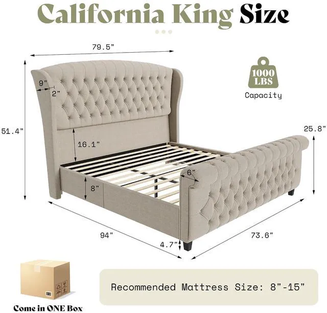 Alt view image 2 of 7 - California King Size Platform Bed Frame, Linen Upholstered Sleigh Bed with Scroll Wingback Headboard & Footboard/Button Tufted/No Box Spring Required/Khaki