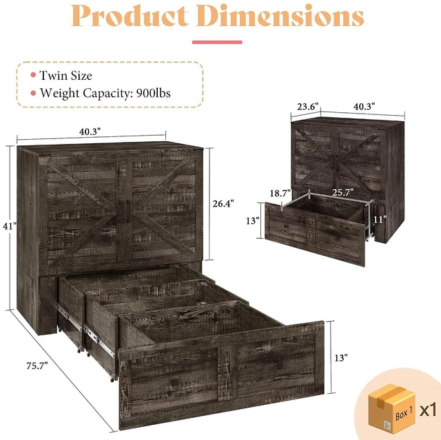 Alt view image 2 of 7 - Twin Murphy Bed Cabinet with Charging Station and Storage Drawer, Farmhouse Foldable Platform Bed for Home Office, Apartment, Small Spaces, Black Oak