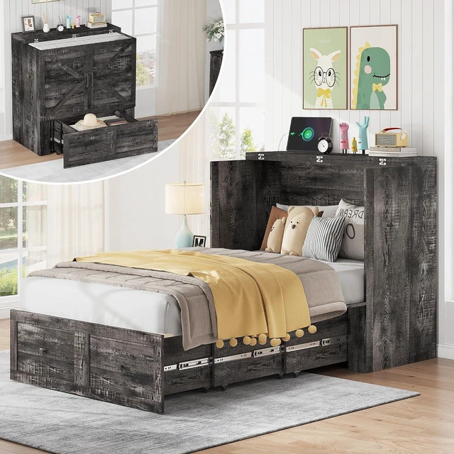 Main image of Twin Murphy Bed Cabinet with Charging Station and Storage Drawer, Farmhouse Foldable Platform Bed for Home Office, Apartment, Small Spaces, Black Oak