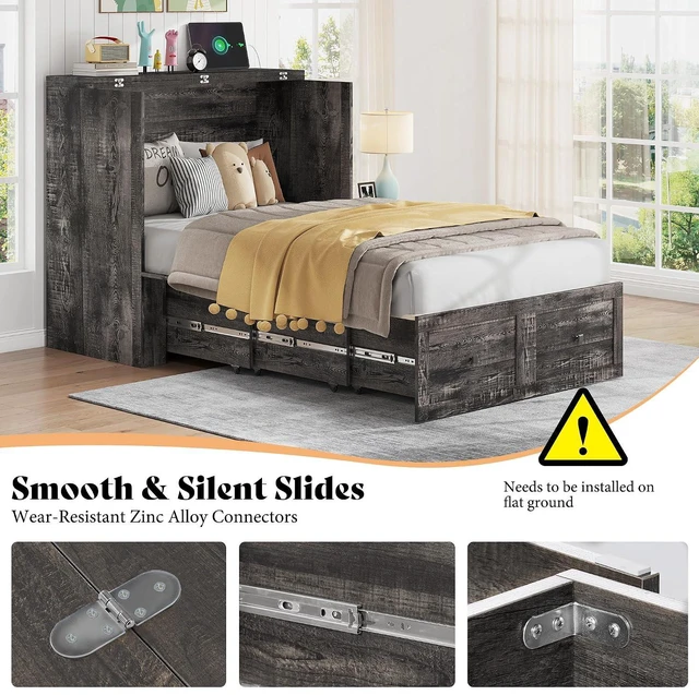 Alt view image 6 of 7 - Twin Murphy Bed Cabinet with Charging Station and Storage Drawer, Farmhouse Foldable Platform Bed for Home Office, Apartment, Small Spaces, Black Oak