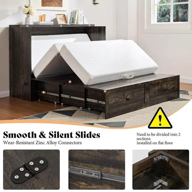 Alt view image 4 of 7 - Full Murphy Bed Cabinet with Charging Station and Storage, Farmhouse Foldable Platform Bed for Guest Room, Office, Small Spaces, Black Oak
