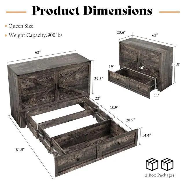 Alt view image 2 of 7 - Queen Murphy Bed Cabinet with Charging Station and Storage, Farmhouse Foldable Platform Bed for Guest Room, Office, Small Spaces, Black Oak