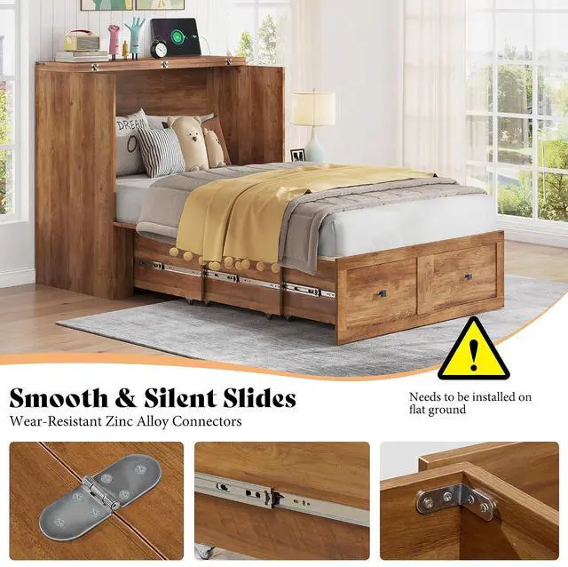 Alt view image 6 of 7 - Twin Murphy Bed Cabinet with Charging Station and Storage Drawer, Farmhouse Foldable Platform Bed for Home Office, Apartment, Small Spaces, Barnwood
