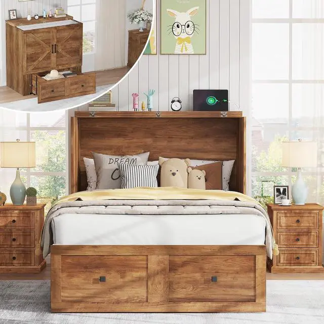 Alt view image 3 of 7 - Twin Murphy Bed Cabinet with Charging Station and Storage Drawer, Farmhouse Foldable Platform Bed for Home Office, Apartment, Small Spaces, Barnwood