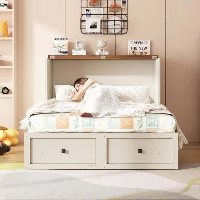 Alt view image 2 of 7 - Full Murphy Bed with Storage & Charging Station, Farmhouse Murphy Cabinet with Foldable Panel, Noisy Free, for Guest Bedroom, Living Room, Office, Distressed White