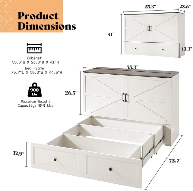 Alt view image 3 of 7 - Full Murphy Bed with Storage & Charging Station, Farmhouse Murphy Cabinet with Foldable Panel, Noisy Free, for Guest Bedroom, Living Room, Office, Distressed White