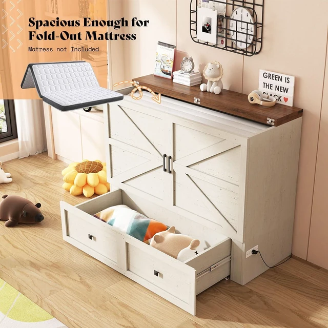 Alt view image 4 of 7 - Full Murphy Bed with Storage & Charging Station, Farmhouse Murphy Cabinet with Foldable Panel, Noisy Free, for Guest Bedroom, Living Room, Office, Distressed White