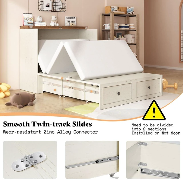 Alt view image 5 of 7 - Full Murphy Bed with Storage & Charging Station, Farmhouse Murphy Cabinet with Foldable Panel, Noisy Free, for Guest Bedroom, Living Room, Office, Distressed White