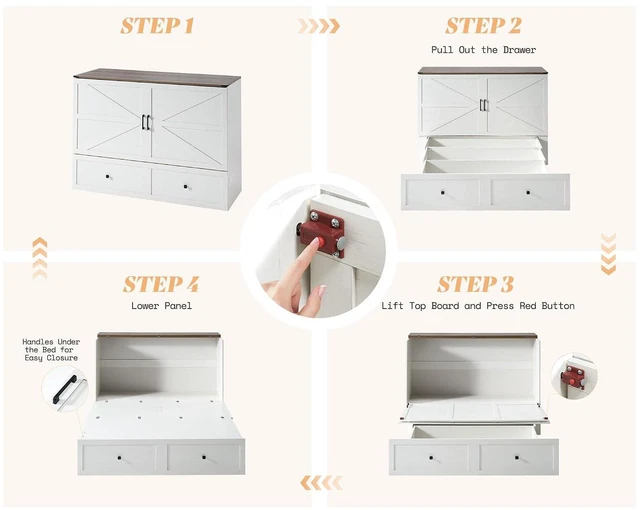Alt view image 6 of 7 - Full Murphy Bed with Storage & Charging Station, Farmhouse Murphy Cabinet with Foldable Panel, Noisy Free, for Guest Bedroom, Living Room, Office, Distressed White