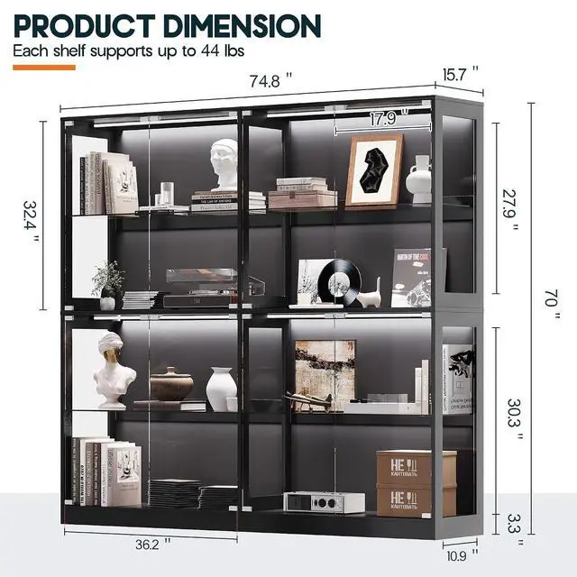Alt view image 2 of 7 - RGB Display Cabinet with Adjustable Glass Shelves, 4-Tier Storage Case with LED Lights & Press-to-Open Doors, Modern Display Shelf for Collectibles, Black 70" H×75" L×16" D