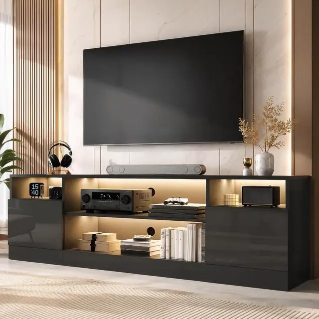 Main image of 70" LED TV Stand for TVs up to 80", Modern Entertainment Center with Storage Cabinets & Open Shelves, High-Gloss TV Console for Living Room, Bedroom, Black