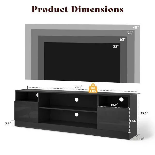 Alt view image 2 of 7 - 70" LED TV Stand for TVs up to 80", Modern Entertainment Center with Storage Cabinets & Open Shelves, High-Gloss TV Console for Living Room, Bedroom, Black