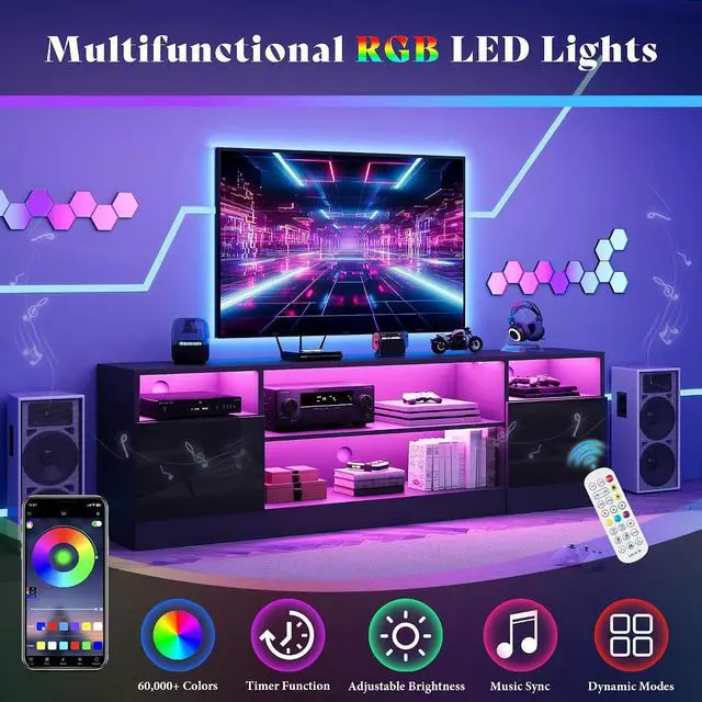 Alt view image 3 of 7 - 70" LED TV Stand for TVs up to 80", Modern Entertainment Center with Storage Cabinets & Open Shelves, High-Gloss TV Console for Living Room, Bedroom, Black