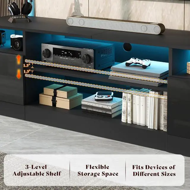 Alt view image 5 of 7 - 70" LED TV Stand for TVs up to 80", Modern Entertainment Center with Storage Cabinets & Open Shelves, High-Gloss TV Console for Living Room, Bedroom, Black