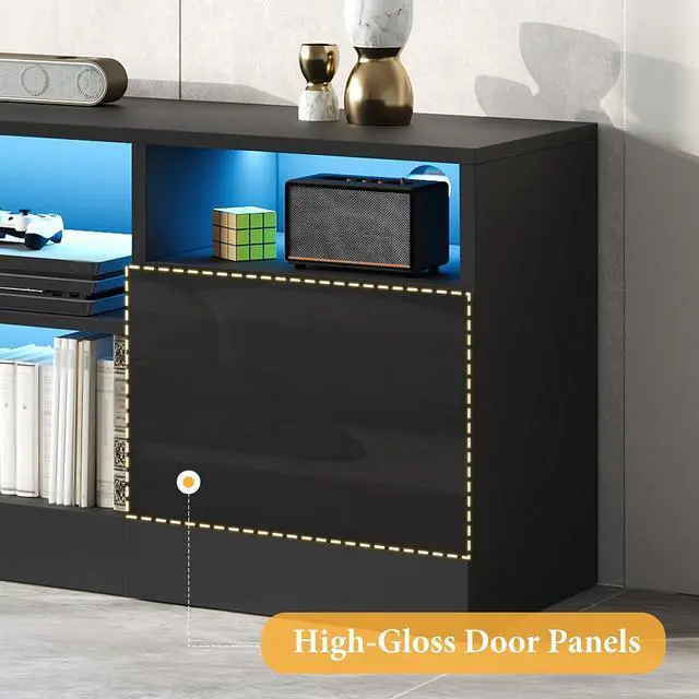 Alt view image 6 of 7 - 70" LED TV Stand for TVs up to 80", Modern Entertainment Center with Storage Cabinets & Open Shelves, High-Gloss TV Console for Living Room, Bedroom, Black