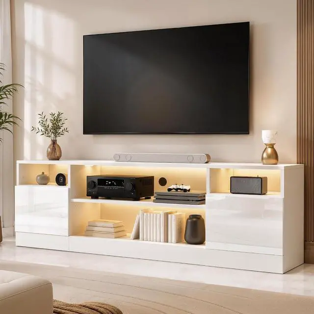 Main image of 70" LED TV Stand for TVs up to 80", Modern Entertainment Center with Storage Cabinets & Open Shelves, High-Gloss TV Console for Living Room, Bedroom, White