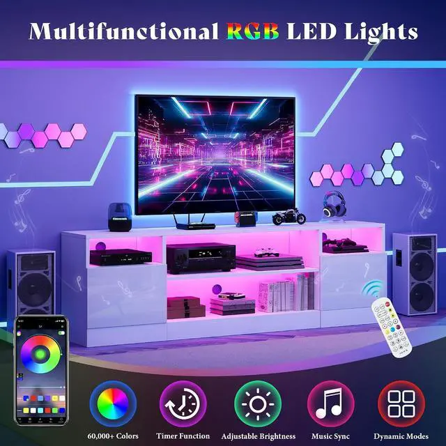 Alt view image 3 of 7 - 70" LED TV Stand for TVs up to 80", Modern Entertainment Center with Storage Cabinets & Open Shelves, High-Gloss TV Console for Living Room, Bedroom, White