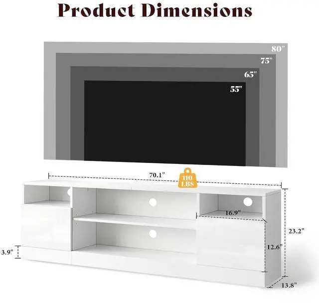 Alt view image 2 of 7 - 70" LED TV Stand for TVs up to 80", Modern Entertainment Center with Storage Cabinets & Open Shelves, High-Gloss TV Console for Living Room, Bedroom, White