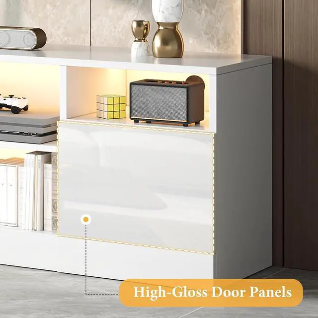 Alt view image 6 of 7 - 70" LED TV Stand for TVs up to 80", Modern Entertainment Center with Storage Cabinets & Open Shelves, High-Gloss TV Console for Living Room, Bedroom, White
