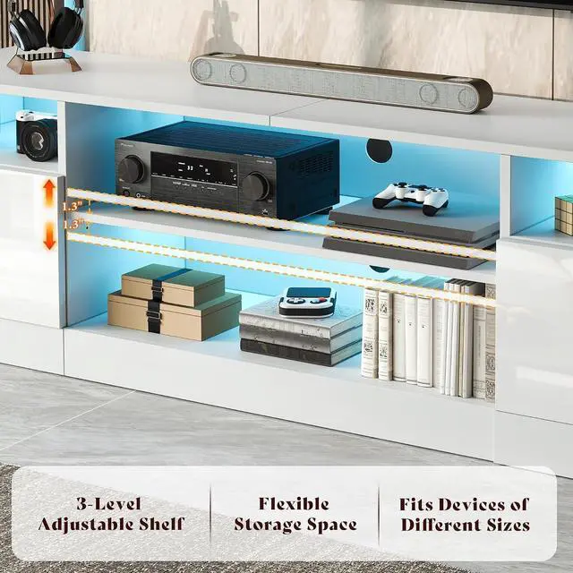 Alt view image 5 of 7 - 70" LED TV Stand for TVs up to 80", Modern Entertainment Center with Storage Cabinets & Open Shelves, High-Gloss TV Console for Living Room, Bedroom, White