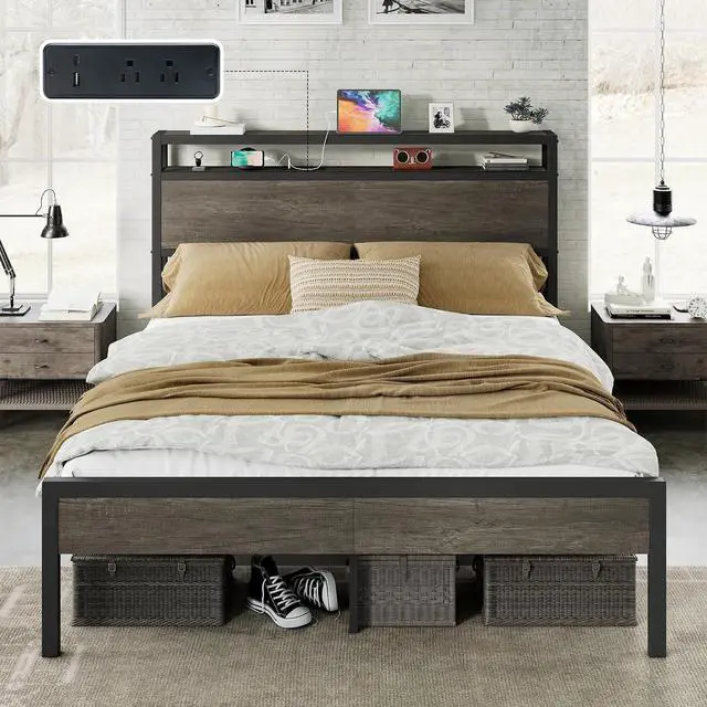 Main image of Full Size Bed Frame with Storage Headboard & Charging Station, Industrial Metal Platform Bed with Large Under-Bed Storage, Heavy Duty Slats, No Box Spring Needed, Rustic Grey