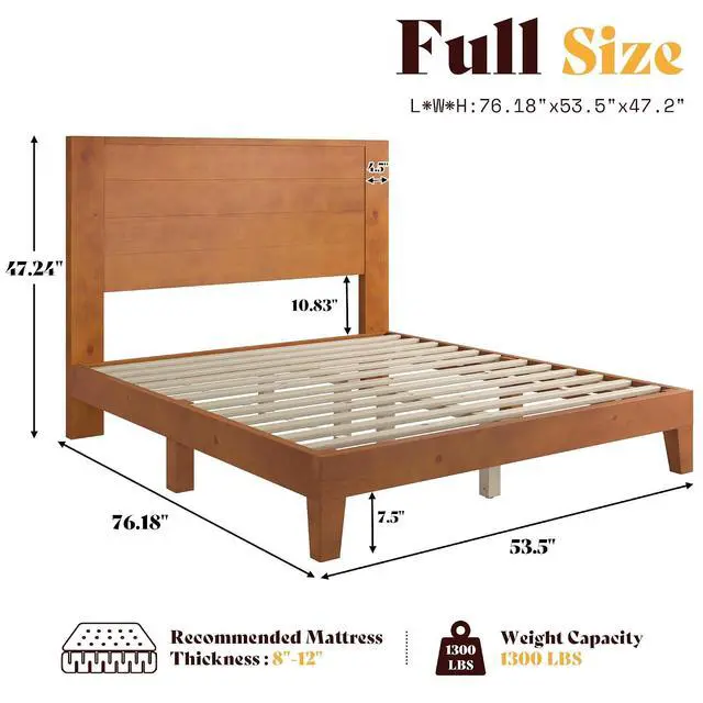 Alt view image 2 of 7 - Full Size Bed Frame with 48" Tall Headboard, Mid Century Modern Solid Wood Platform Bed with Silent Wood Slat System, No Box Spring Needed, Under-Bed Storage, Brown