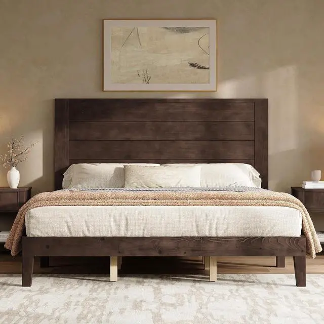 Main image of King Size Bed Frame with 48" Tall Headboard, Mid Century Modern Solid Wood Platform Bed with Silent Wood Slat System, No Box Spring Needed, Under-Bed Storage, Dark Walnut