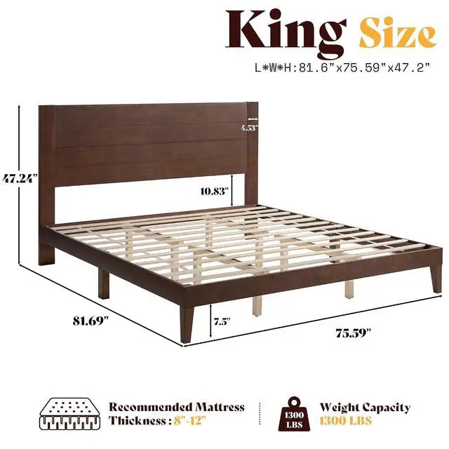 Alt view image 2 of 7 - King Size Bed Frame with 48" Tall Headboard, Mid Century Modern Solid Wood Platform Bed with Silent Wood Slat System, No Box Spring Needed, Under-Bed Storage, Dark Walnut