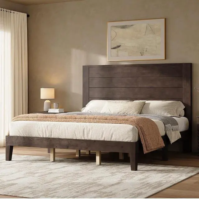 Alt view image 3 of 7 - King Size Bed Frame with 48" Tall Headboard, Mid Century Modern Solid Wood Platform Bed with Silent Wood Slat System, No Box Spring Needed, Under-Bed Storage, Dark Walnut