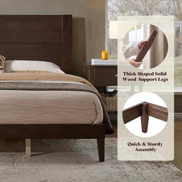 Alt view image 6 of 7 - King Size Bed Frame with 48" Tall Headboard, Mid Century Modern Solid Wood Platform Bed with Silent Wood Slat System, No Box Spring Needed, Under-Bed Storage, Dark Walnut