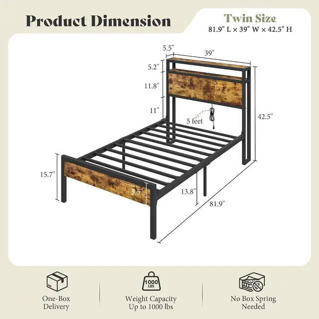 Alt view image 2 of 7 - Twin Size Bed Frame with Storage Headboard & Charging Station, Industrial Metal Platform Bed with Large Under-Bed Storage, Heavy Duty Slats, No Box Spring Needed, Dark Brown
