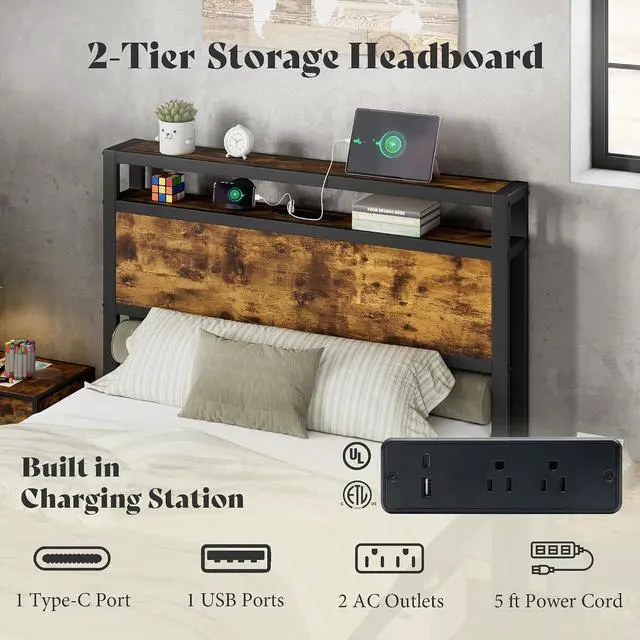 Alt view image 3 of 7 - Twin Size Bed Frame with Storage Headboard & Charging Station, Industrial Metal Platform Bed with Large Under-Bed Storage, Heavy Duty Slats, No Box Spring Needed, Dark Brown