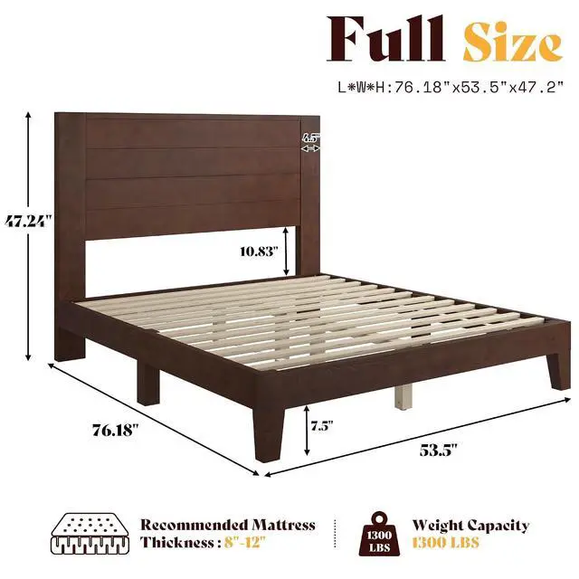 Alt view image 2 of 7 - Full Size Bed Frame with 48" Tall Headboard, Mid Century Modern Solid Wood Platform Bed with Silent Wood Slat System, No Box Spring Needed, Under-Bed Storage, Dark Walnut