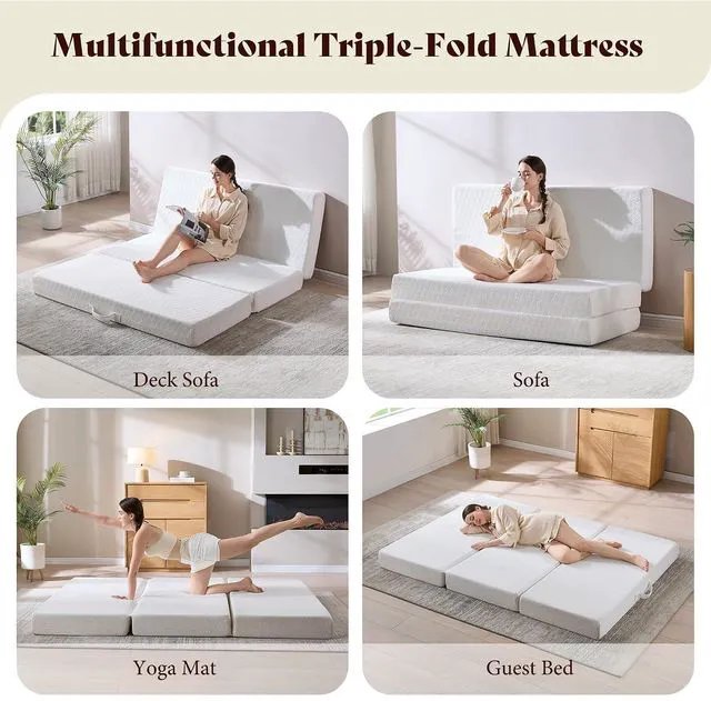 Alt view image 7 of 7 - Queen Tri-Fold Memory Foam Mattress, 6-Inch Cooling Gel Folding Guest Mattress with Washable Cover, Portable Floor Mattress for Guests, Murphy Bed and Home Use, White