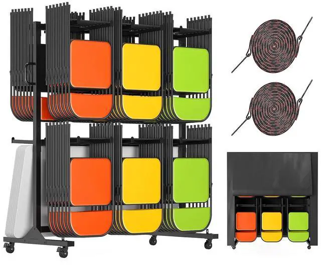 Main image of Folding Chair Rack 24 Tables or 84 Chairs Storage 1100 LBS Capacity Heavy-Duty Folding Chair Cart with Wheels, 2 Elastic Cords, Cover, Glossy Black