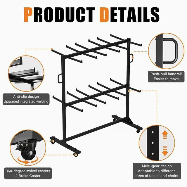 Alt view image 3 of 7 - Folding Chair Rack 24 Tables or 84 Chairs Storage 1100 LBS Capacity Heavy-Duty Folding Chair Cart with Wheels, 2 Elastic Cords, Cover, Glossy Black