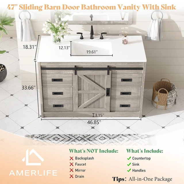 Alt view image 2 of 7 - 48" Farmhouse Freestanding Bathroom Vanity with Sink, Sliding Barn Doors Bathroom Vanity with Drawers & Deep Basin, Spacious Bathroom Storage, Light Grey
