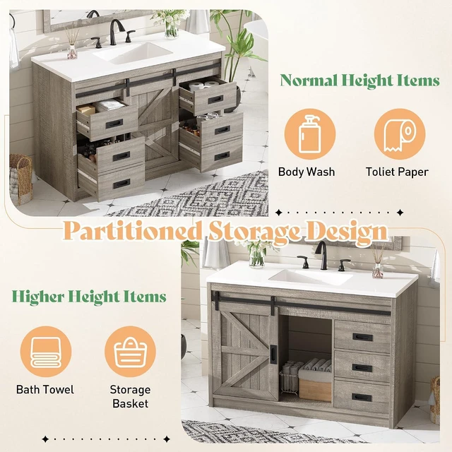 Alt view image 4 of 7 - 48" Farmhouse Freestanding Bathroom Vanity with Sink, Sliding Barn Doors Bathroom Vanity with Drawers & Deep Basin, Spacious Bathroom Storage, Light Grey