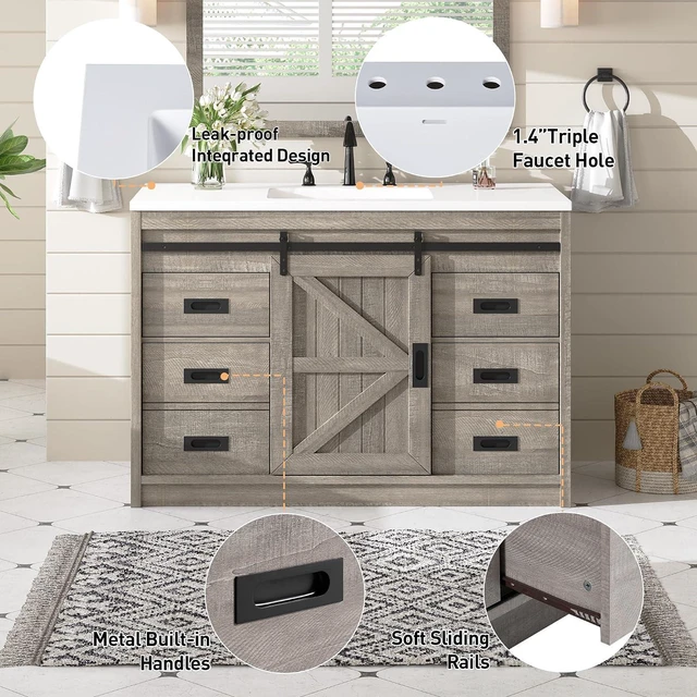 Alt view image 6 of 7 - 48" Farmhouse Freestanding Bathroom Vanity with Sink, Sliding Barn Doors Bathroom Vanity with Drawers & Deep Basin, Spacious Bathroom Storage, Light Grey