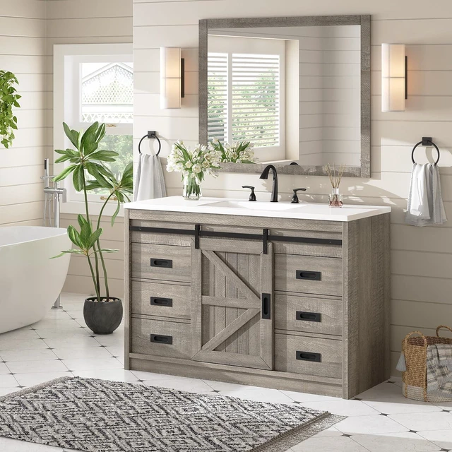 Alt view image 7 of 7 - 48" Farmhouse Freestanding Bathroom Vanity with Sink, Sliding Barn Doors Bathroom Vanity with Drawers & Deep Basin, Spacious Bathroom Storage, Light Grey