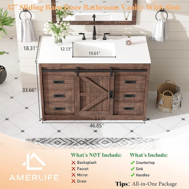 Alt view image 2 of 7 - 48" Farmhouse Freestanding Bathroom Vanity with Sink, Sliding Barn Doors Bathroom Vanity with Drawers & Deep Basin, Spacious Bathroom Storage, Rustic Brown